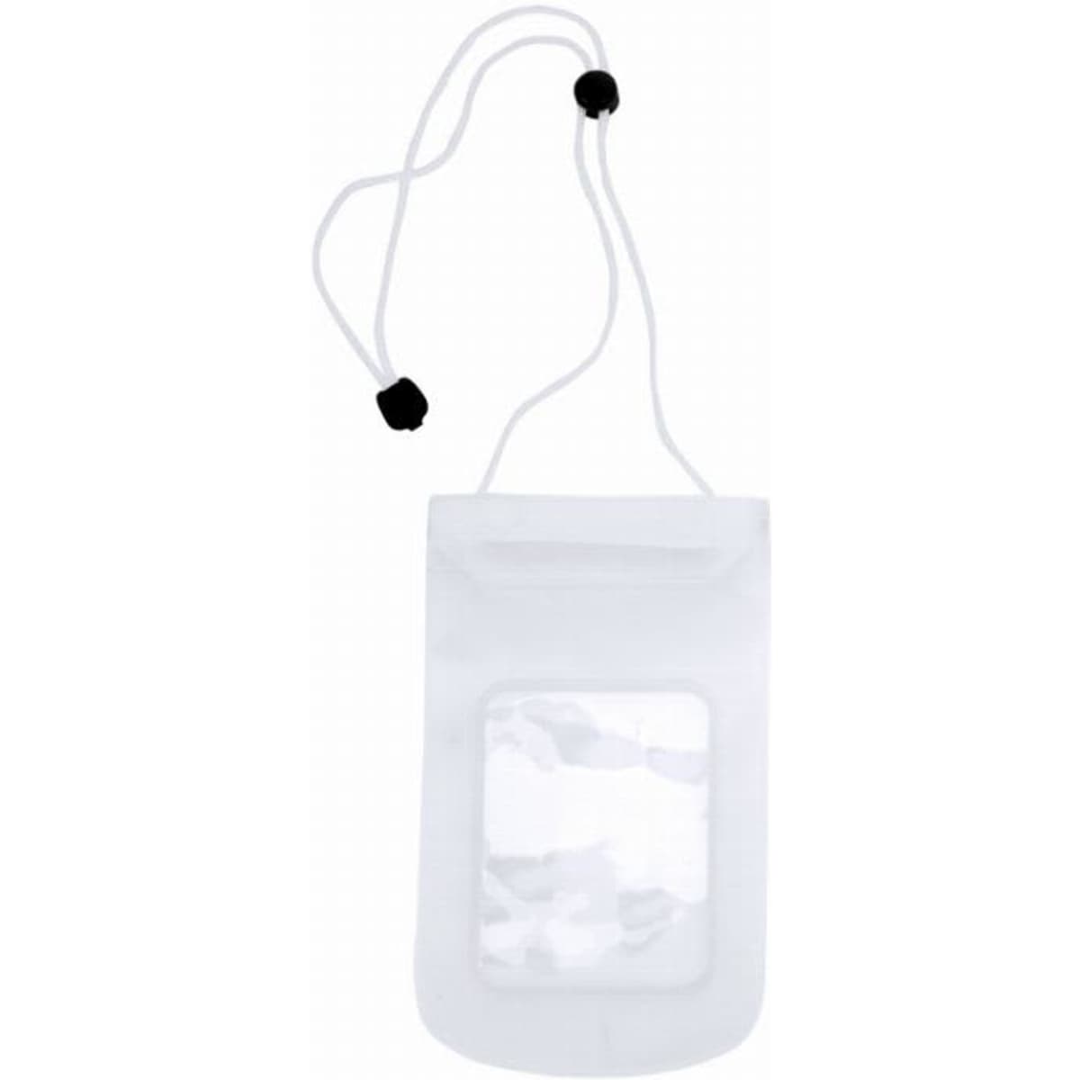 A waterproof pouch in clear plastic with a drawstring closure and a front window, ideal for securing small items.