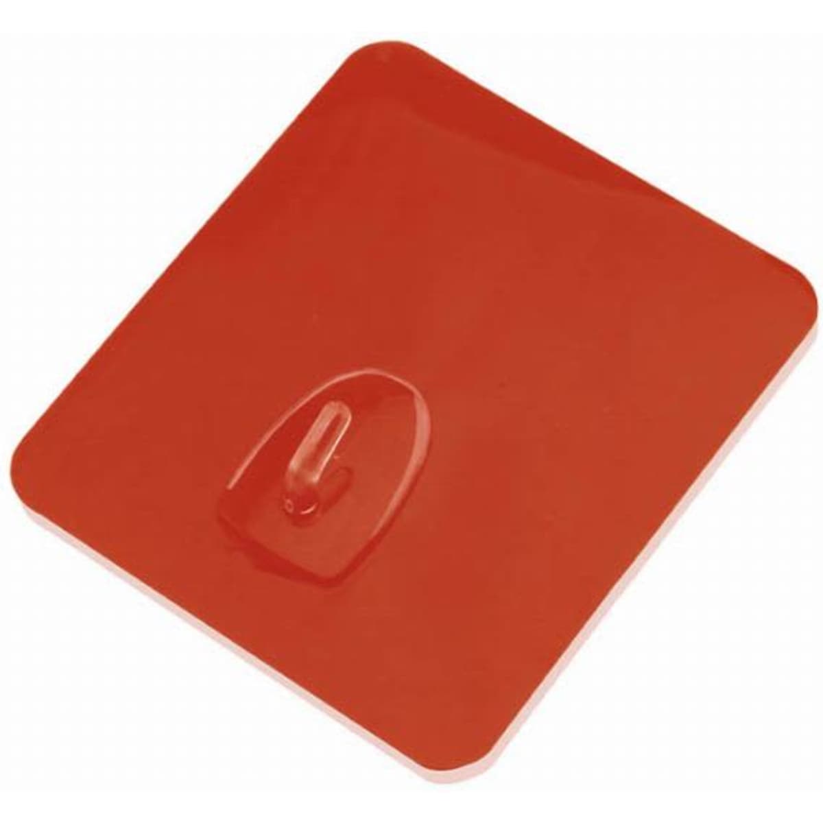 A red square lid with a central handle, featuring a smooth surface and a simple design.