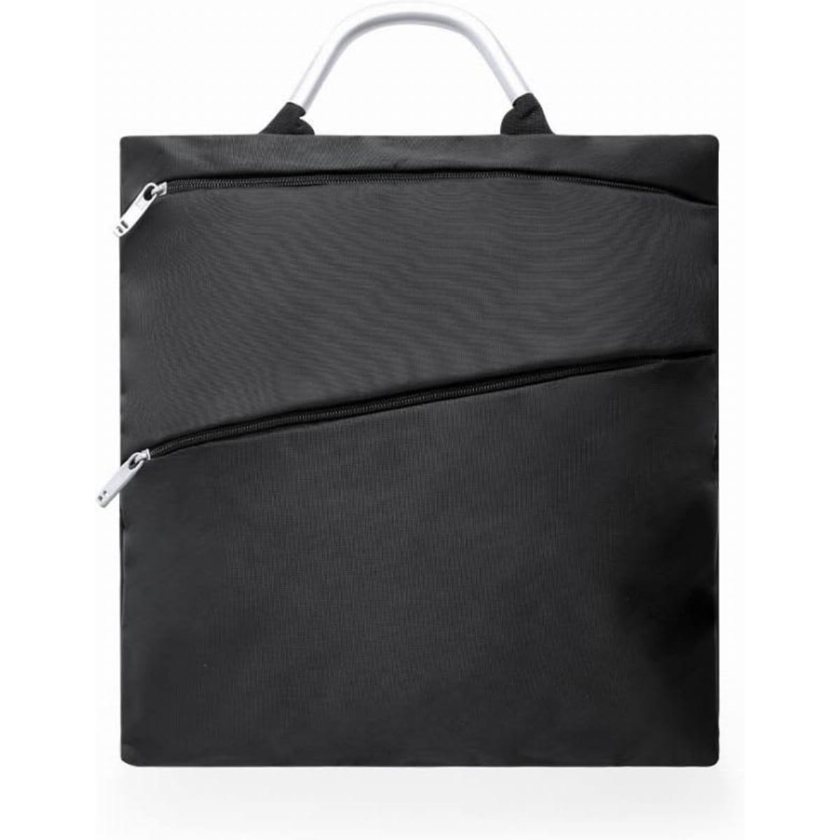 A black promotional bag with a sleek design, featuring two zippers and a handle on top. It has a logo.