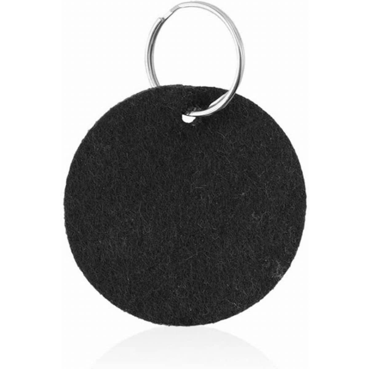 A circular black felt tag with a metallic ring for attachment. The surface is textured and plain.