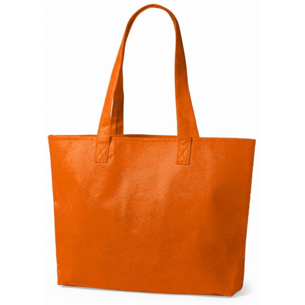 An orange tote bag with two handles, featuring a smooth, glossy finish. It has no visible branding.