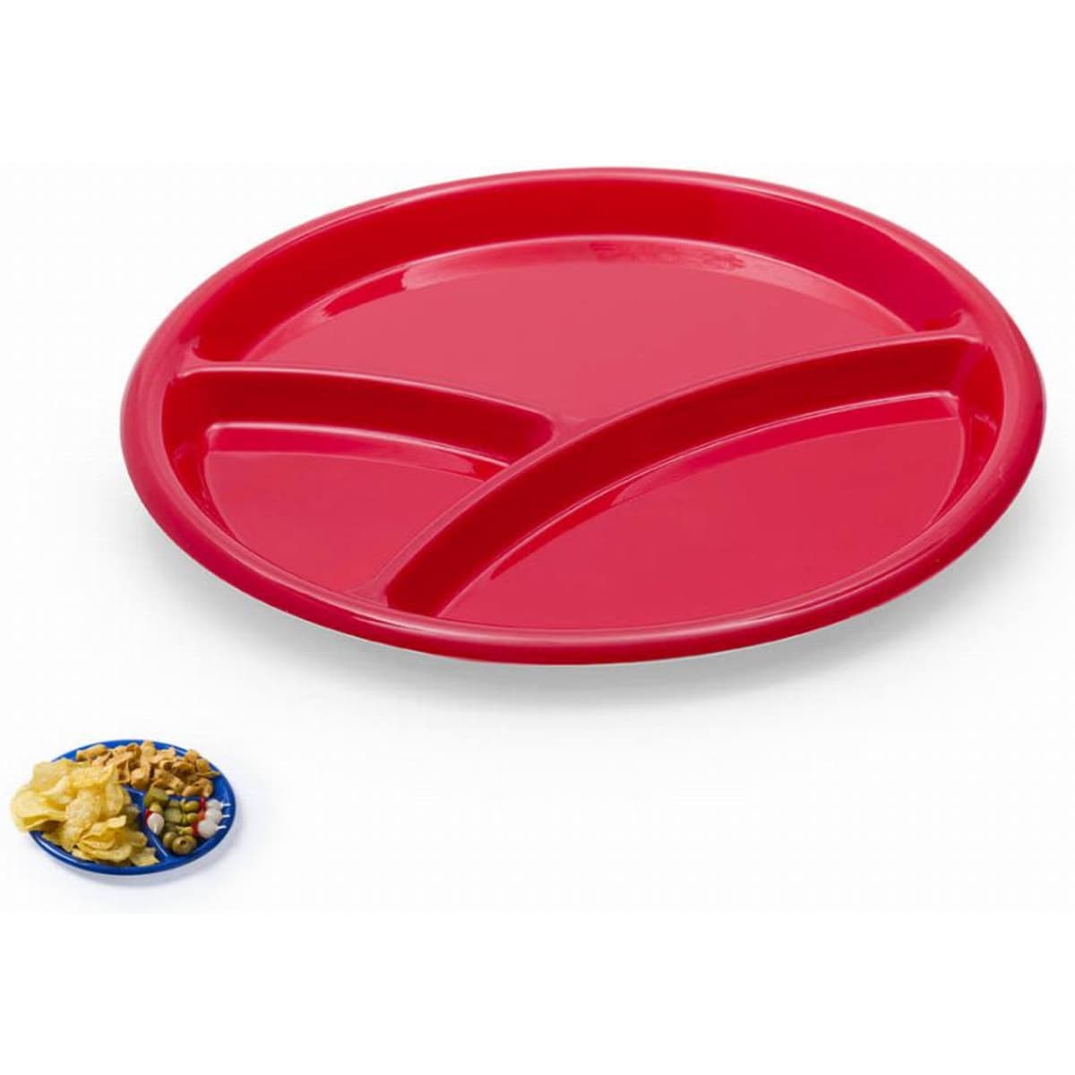 A red, round serving tray featuring three compartments for food items. Includes a smaller plate with snacks.