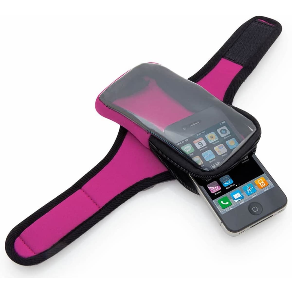 A phone armband in pink with a transparent cover on top, displaying a smartphone inside. It features a logo.