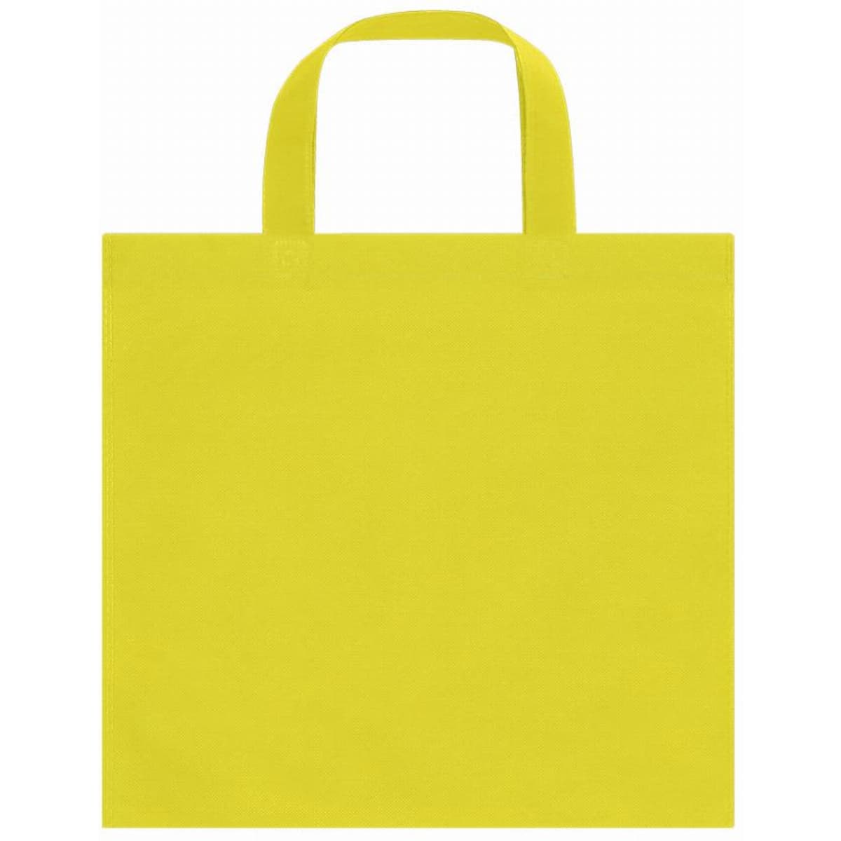 A bright yellow tote bag with two handles, featuring a plain design.