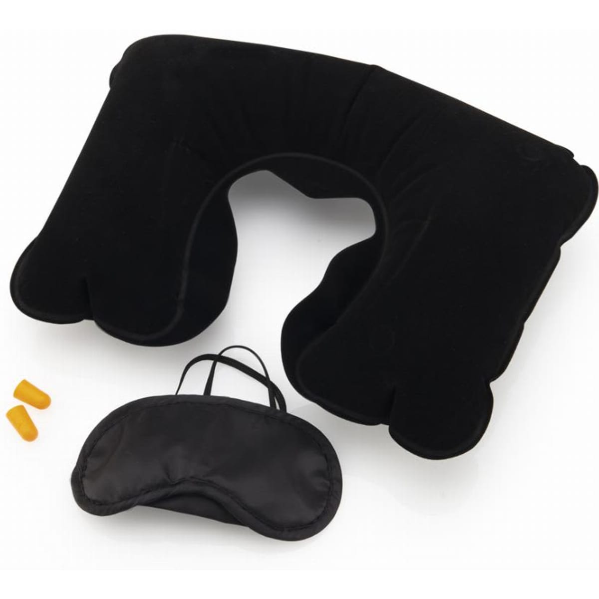 A travel neck pillow in black, accompanied by earplugs and an eye mask. The set is designed for comfort and relaxation.