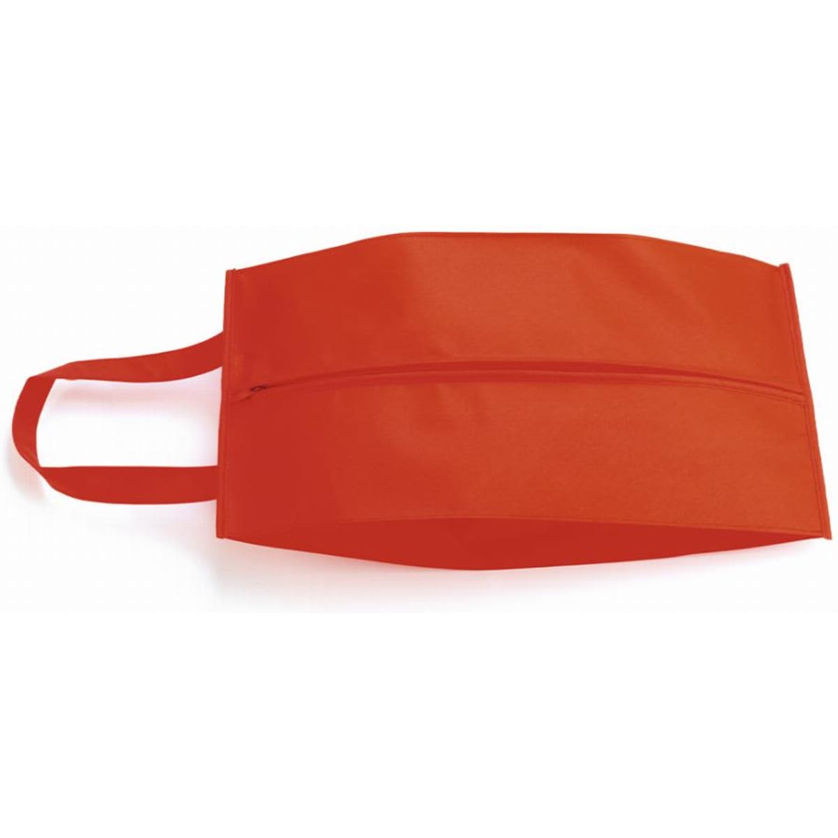 A red bag with a zip closure and a handle, featuring a flat shape and smooth texture.
