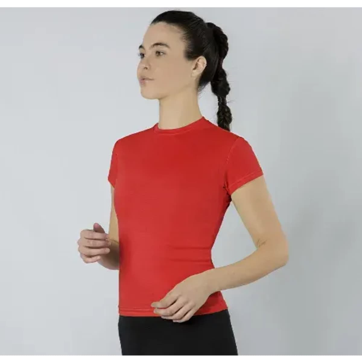 A red women's T-shirt with short sleeves, featuring a fitted design. The shirt has a branding logo.
