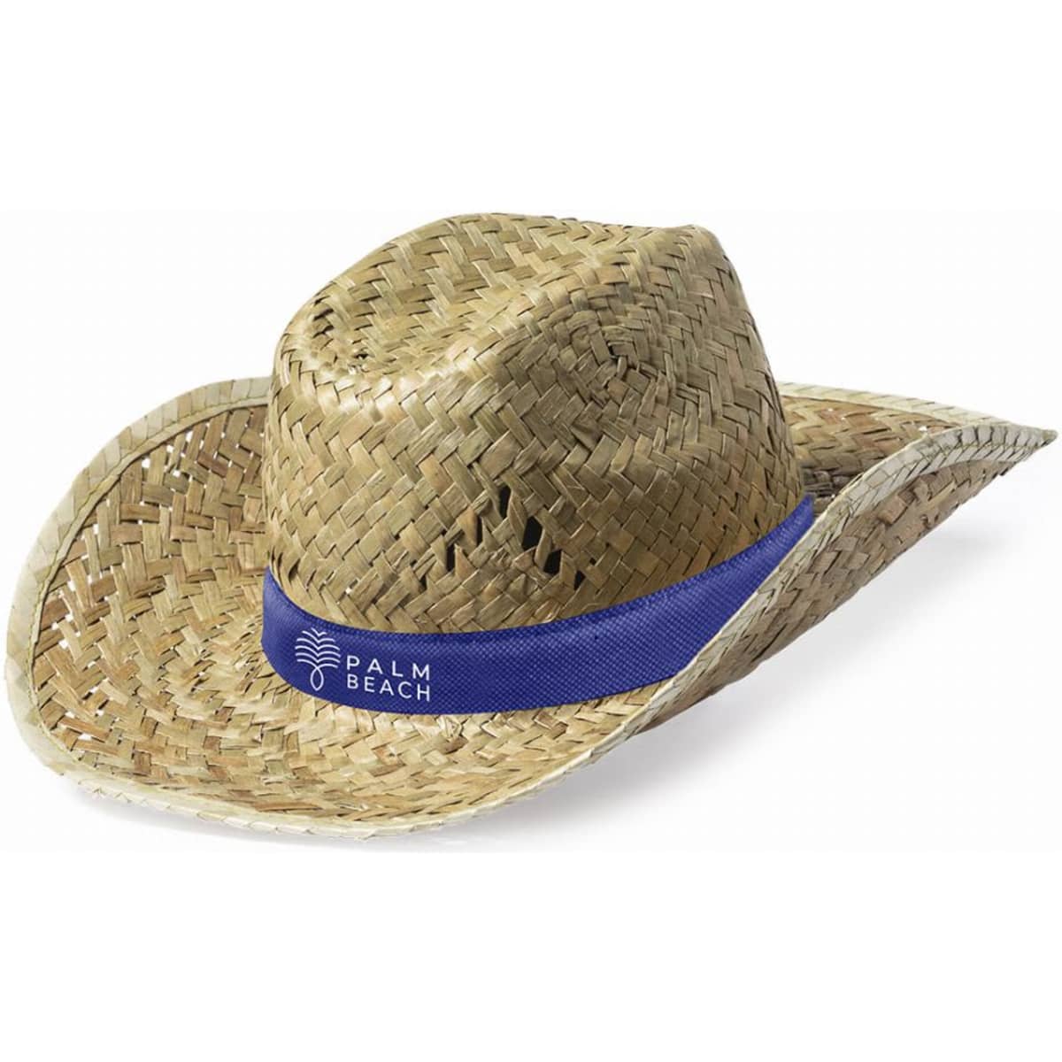A straw cowboy hat with a wide brim and a blue band featuring a logo.