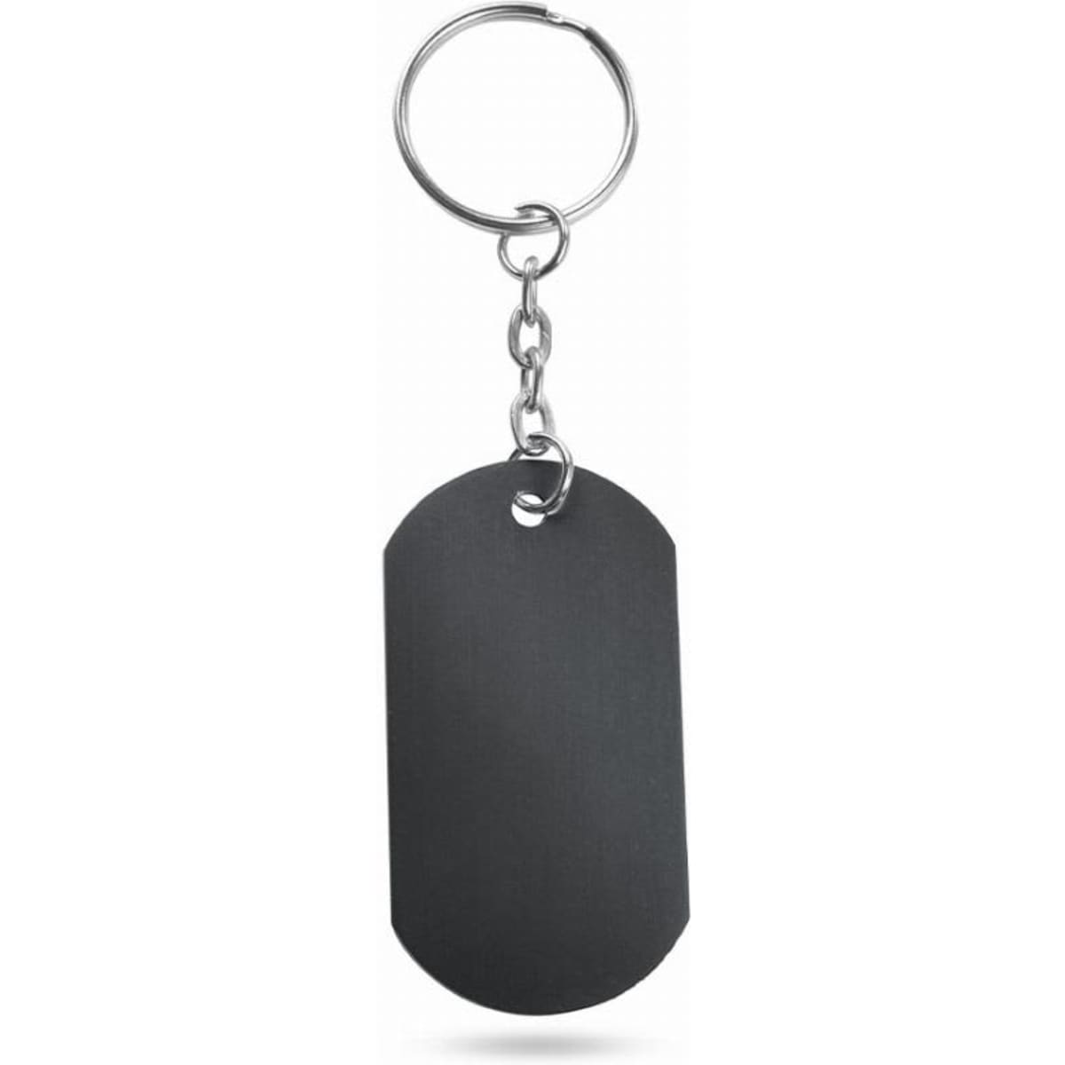 A keychain featuring a black rectangular tag attached by a metal chain. It has a simple, sleek design.