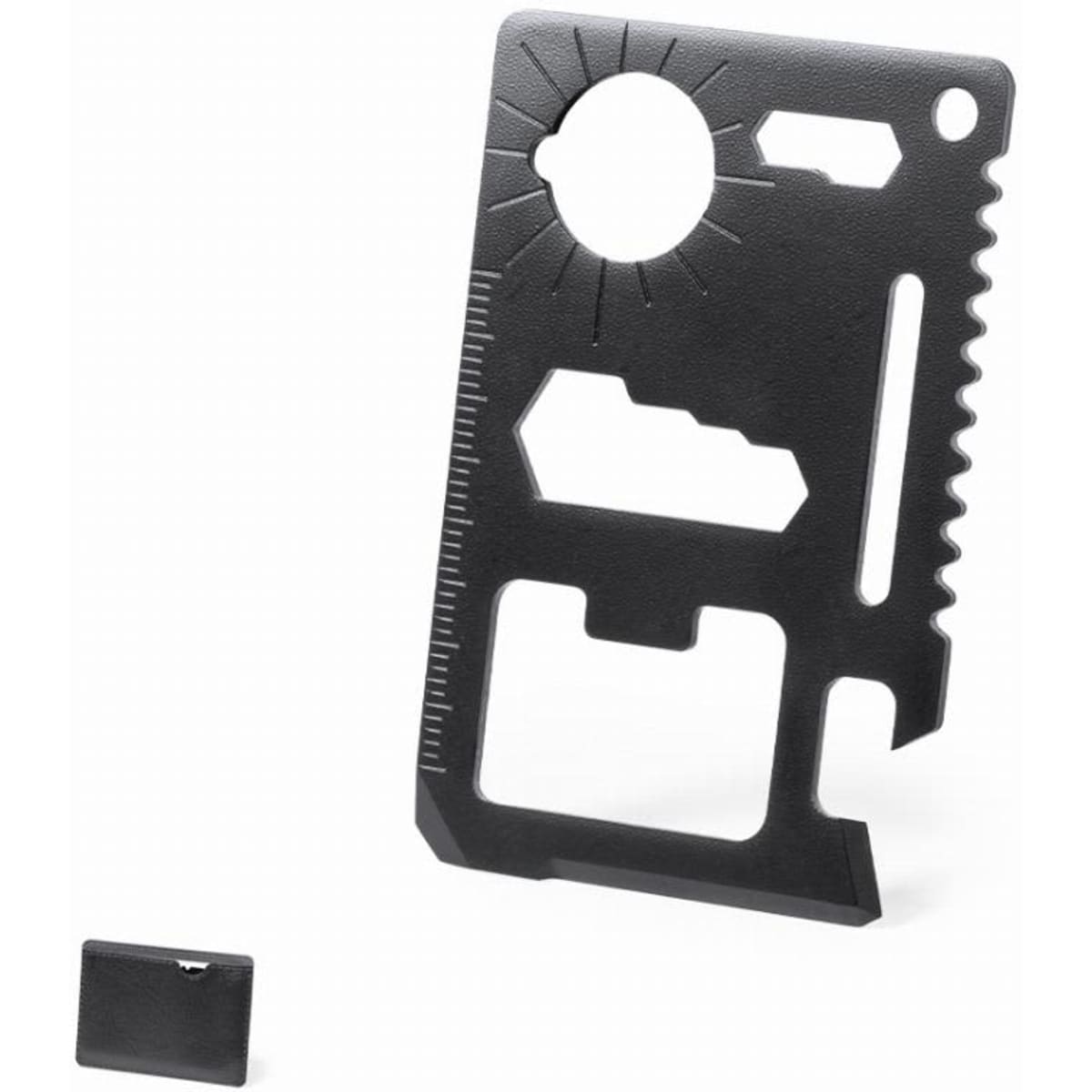 A black multi-tool card featuring various shapes for practical use, accompanied by a slim black holder.
