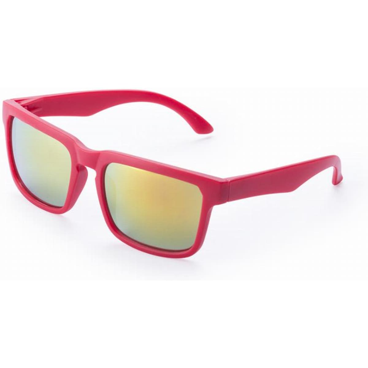 A pair of red sunglasses with mirrored lenses, featuring a sturdy frame and a modern design.