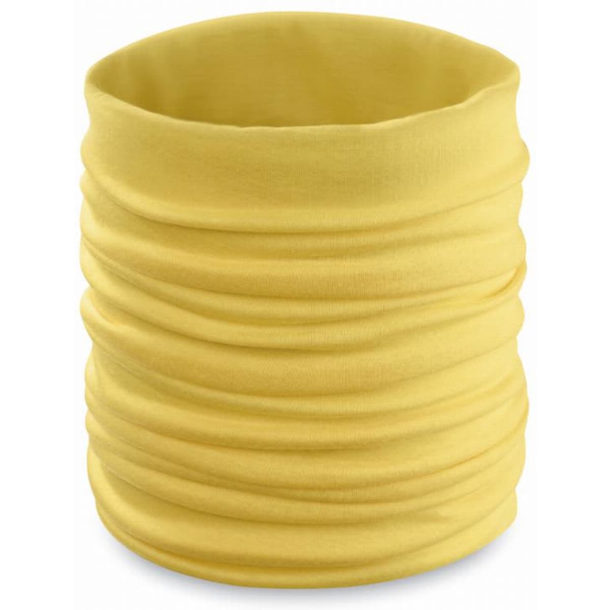 A yellow neck gaiter with a stretchy, gathered design, suitable for versatile wear.