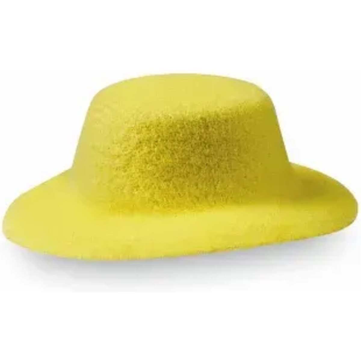 A yellow felt hat with a wide brim and rounded crown. The hat has a soft, textured appearance.