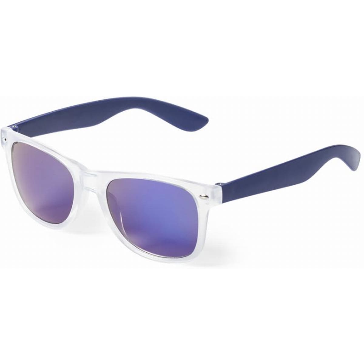 A pair of sunglasses with clear frames and navy blue arms, featuring purple tinted lenses.