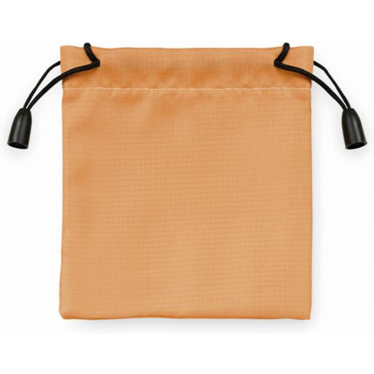 An orange drawstring pouch with black toggles, made from lightweight fabric.