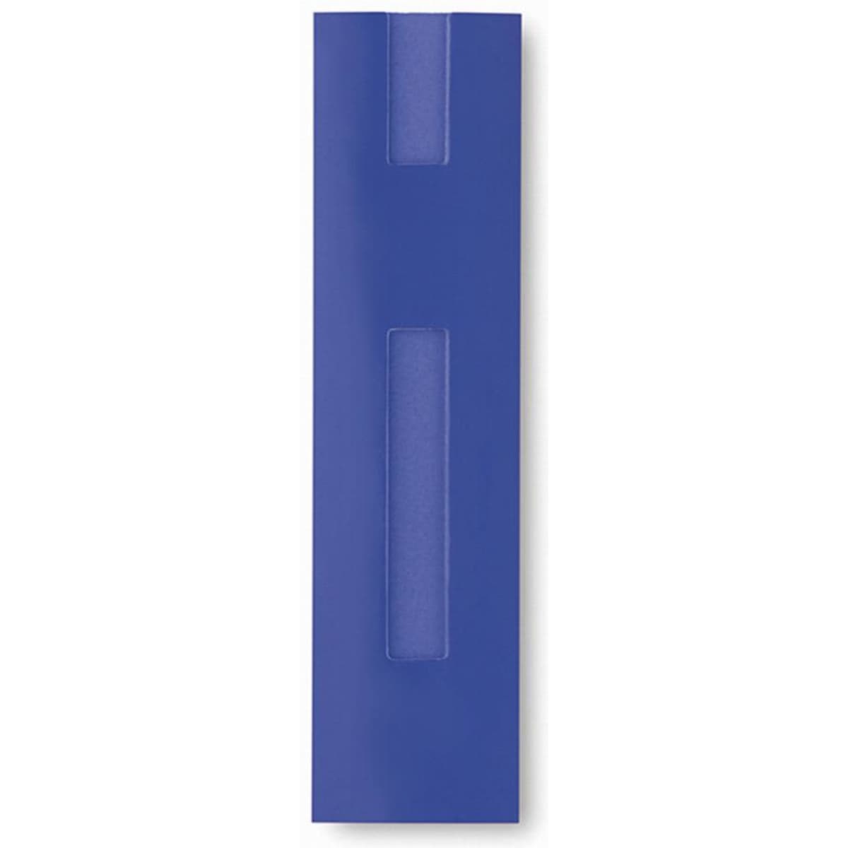 A drink bottle in a deep blue colour with a transparent section and a simple design. Features a logo.