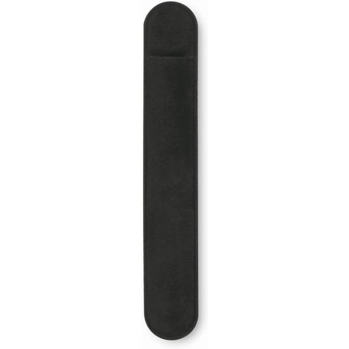 A black, elongated storage case with a pocket feature, suitable for holding items.