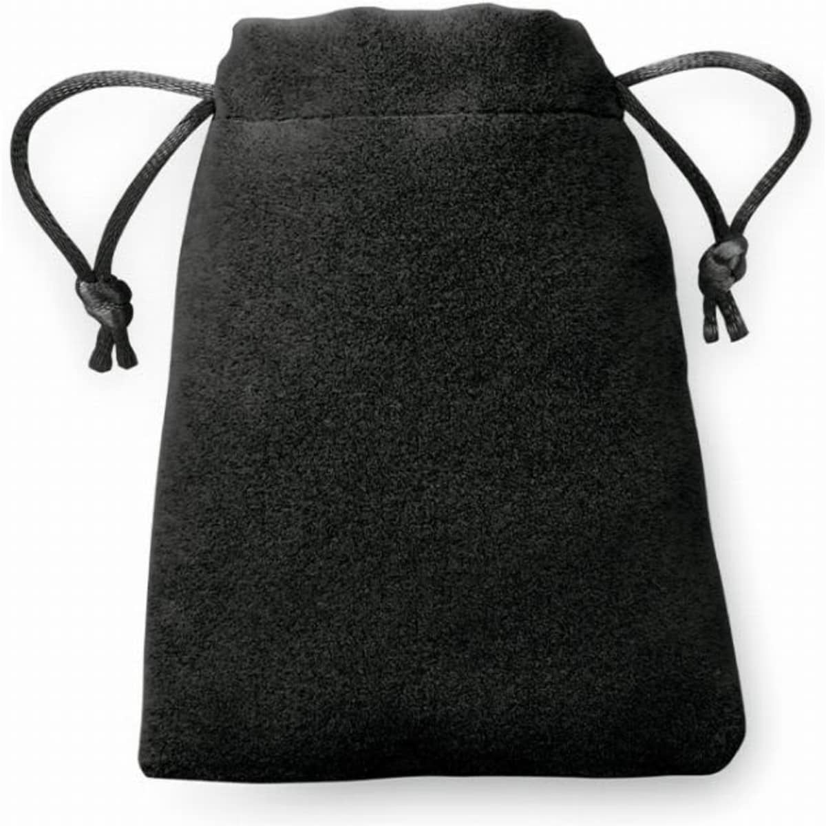 A black drawstring pouch with a soft texture and cinched closure. Suitable for storing small items.