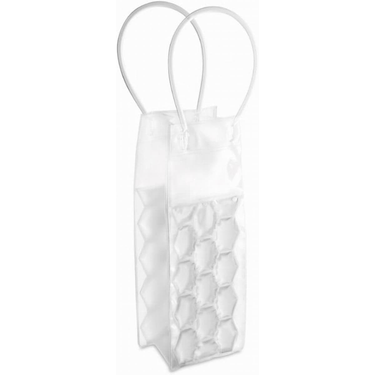 A clear, white drink bottle carrier featuring two handles and a honeycomb structure for bottle protection.