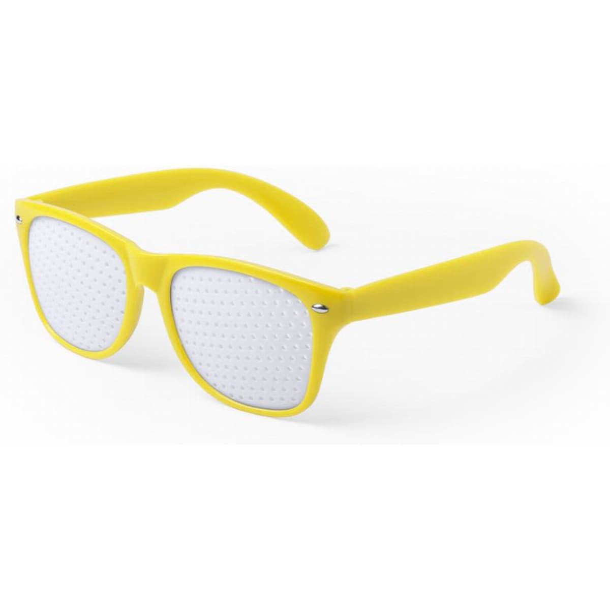A pair of bright yellow sunglasses with perforated lenses and a plastic frame.