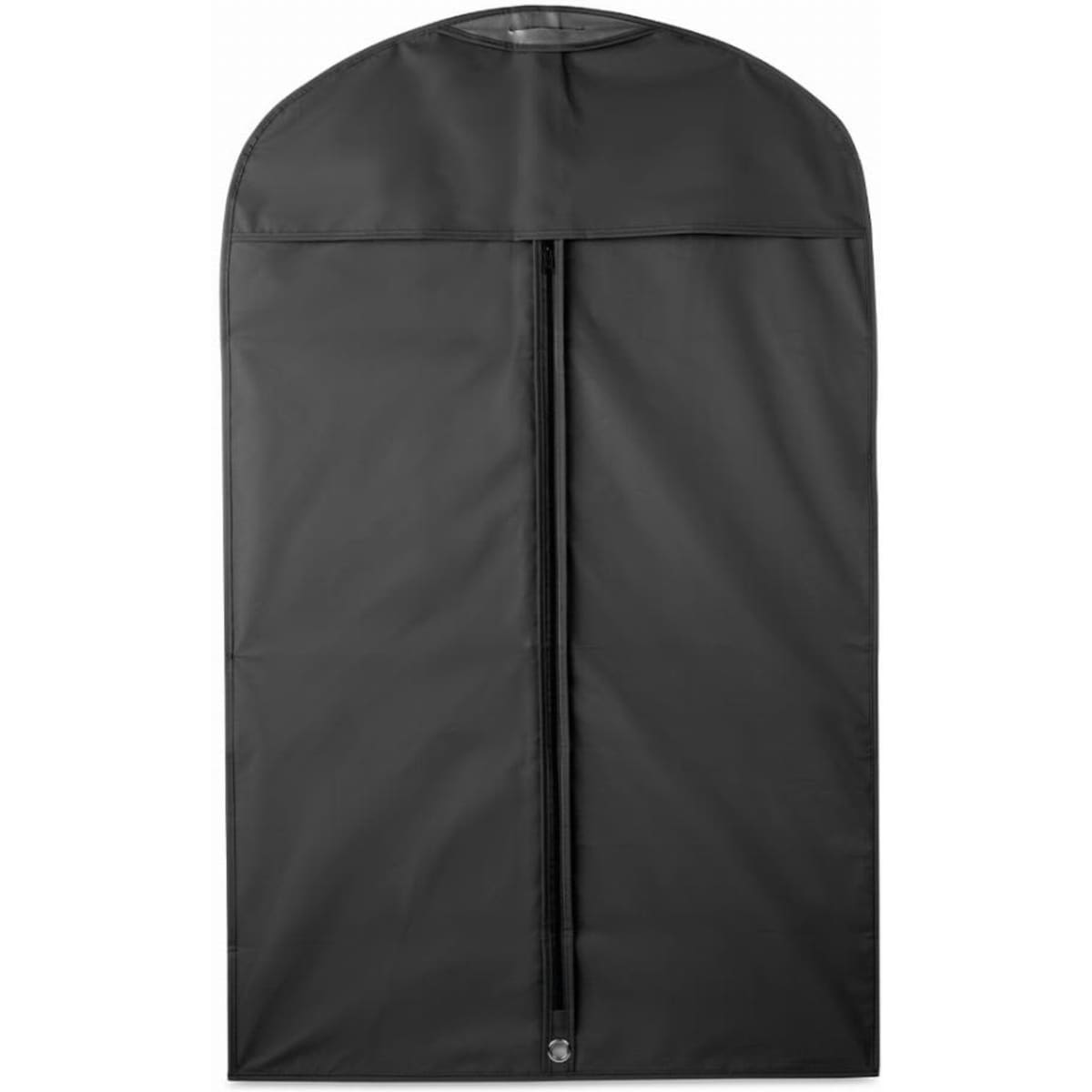 A garment bag in black with a zipper, featuring a rounded top for clothing storage.