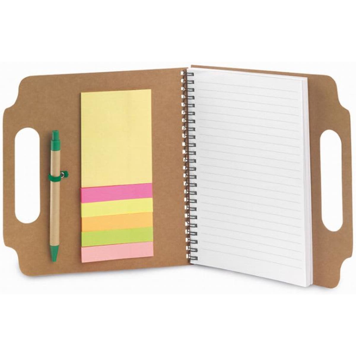 A notepad with a spiral-bound design, includes sticky notes in pink and yellow, and a green pen on a brown cover.