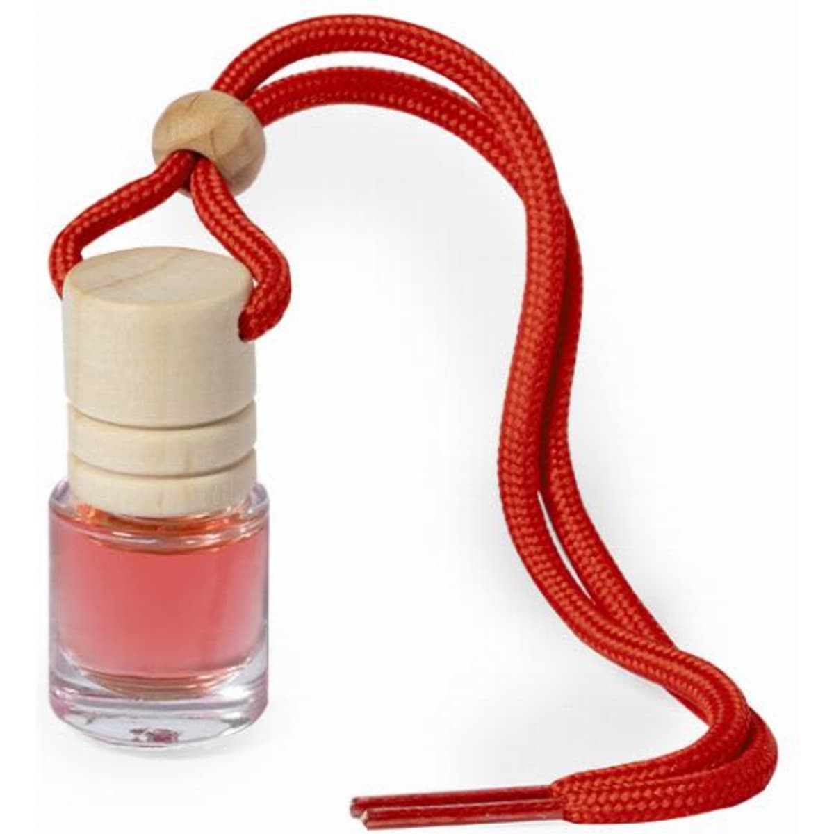 A small glass bottle with a wooden cap and a red cord for hanging, containing a pink liquid.