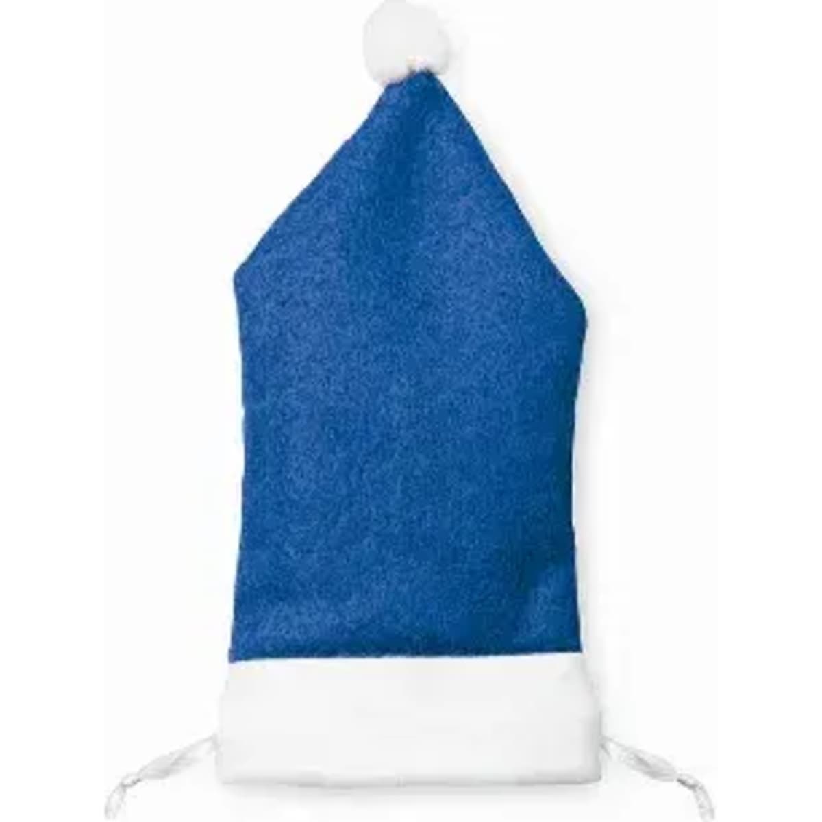 A blue felt Santa hat with a white brim and pom-pom on top, featuring a drawstring at the base.