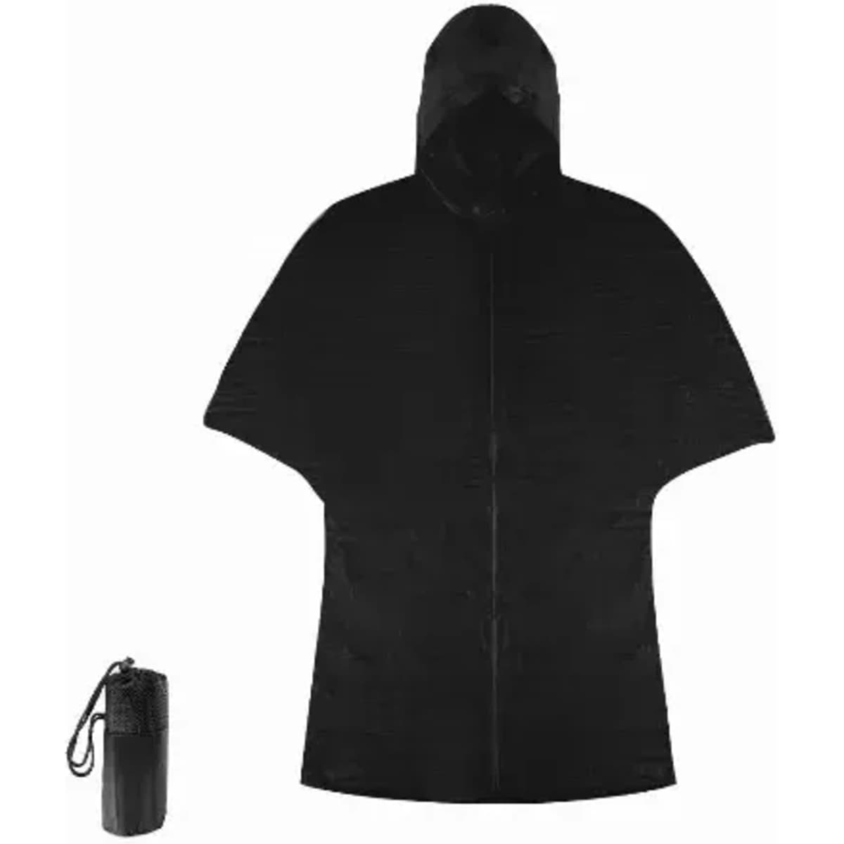 A black poncho with a hood, accompanied by a compact storage pouch. Features a simple design with no visible branding.