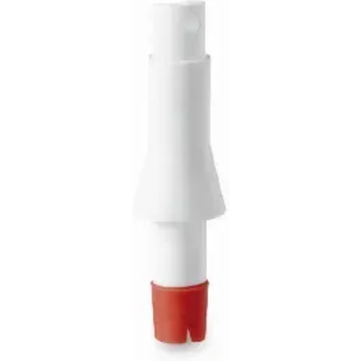 A drink bottle nozzle in white and red, featuring a logo and a removable spout for ease of use.