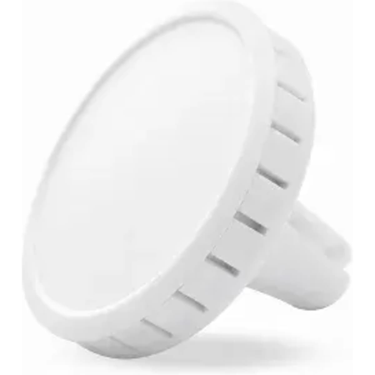 A white promotional product with a round top and ribbed sides, featuring a logo.