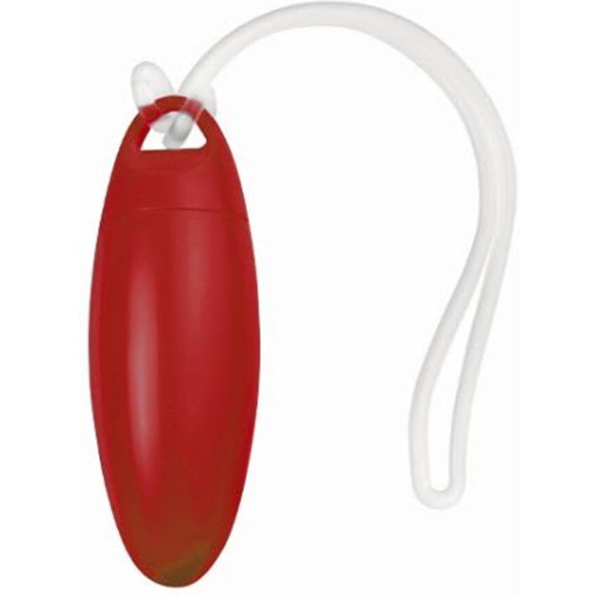 A red promotional product with a white attachment loop. The design is sleek and oval-shaped.