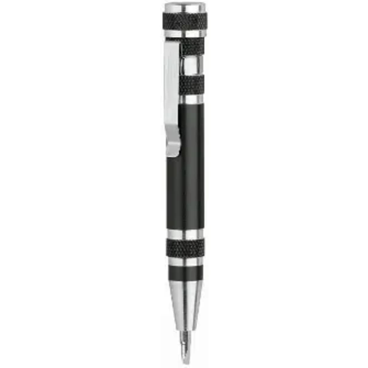 A black pen with silver accents and a clip, featuring a textured grip. It has a sleek design.