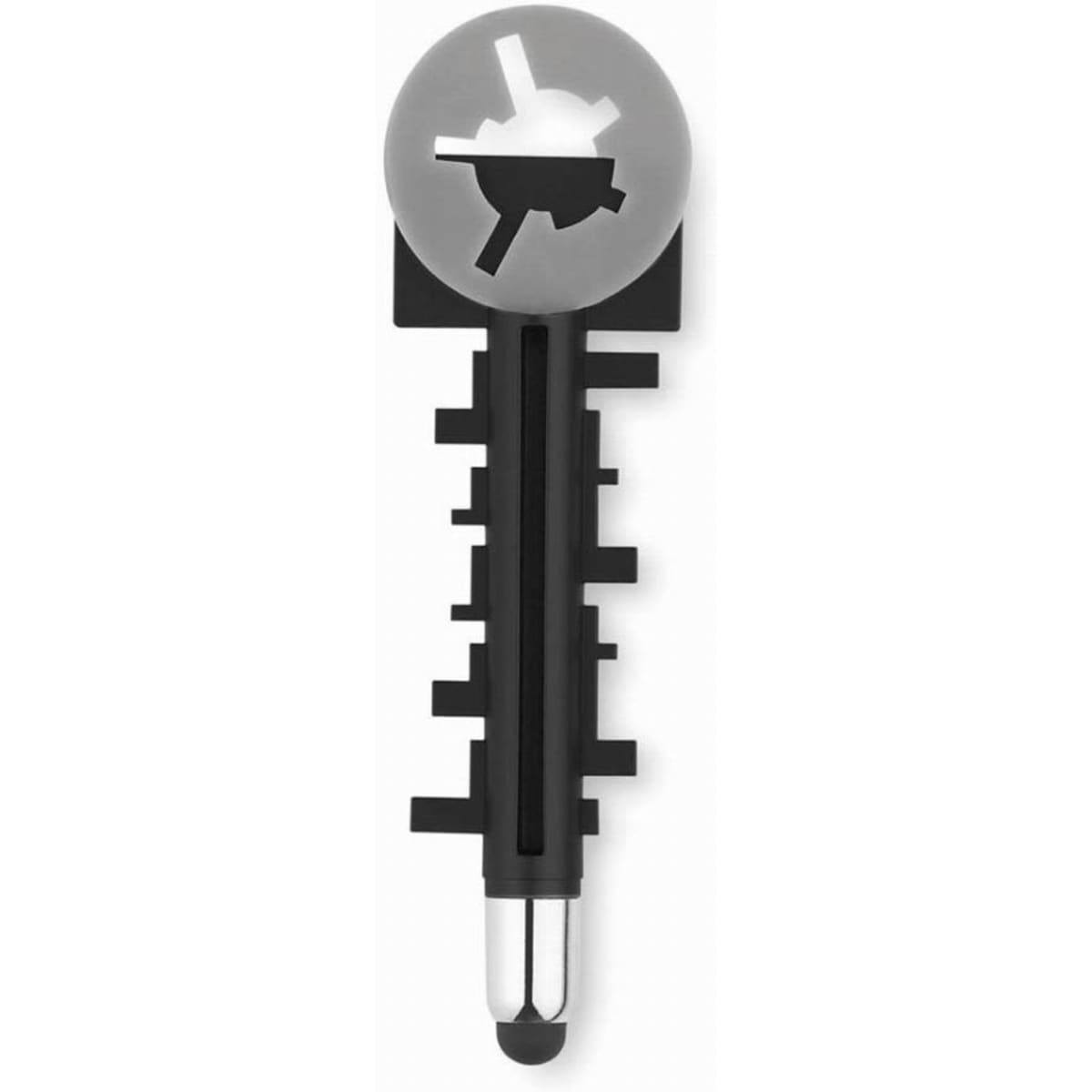 A black and grey key-shaped tool with a round top featuring a design. It has a sleek, modern appearance.