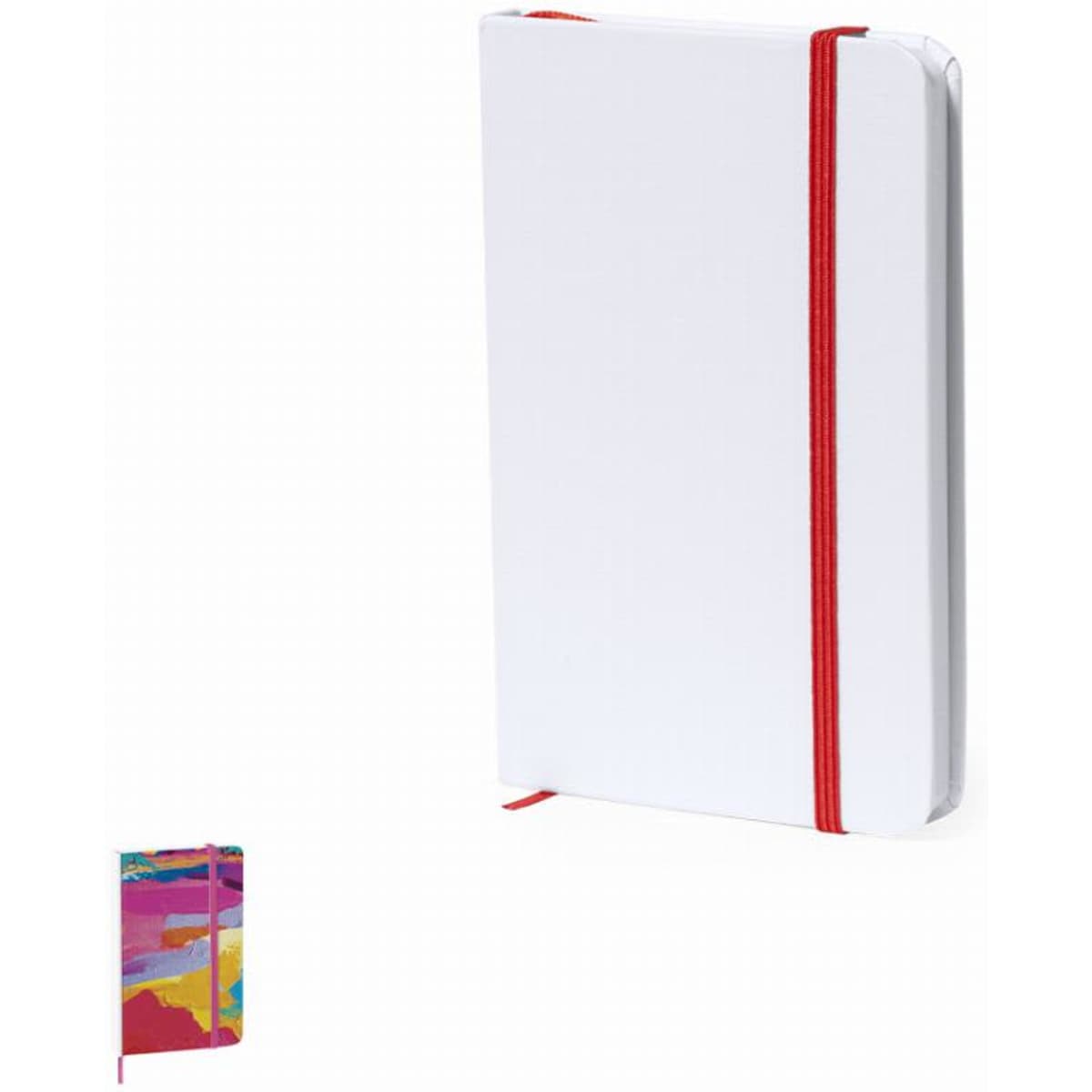 A notebook with a white cover features a red elastic band, with a colourful design on the lower left corner.