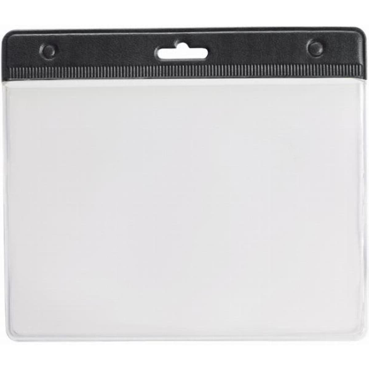 A clear plastic pouch with a black top, designed for holding cards or documents. It has a hole for attachment.
