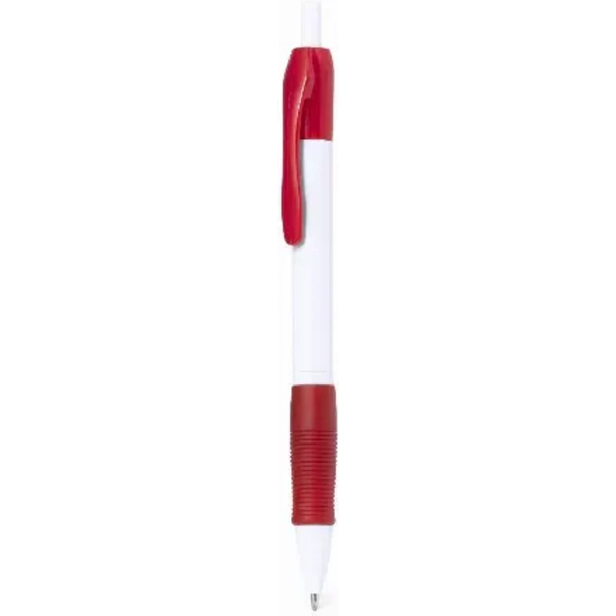 A red and white pen with a textured red grip and a clip on the cap. Features a simple design and a logo.