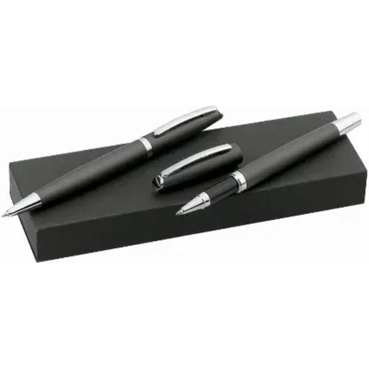 A set of three black pens with silver accents displayed on a black rectangular base.