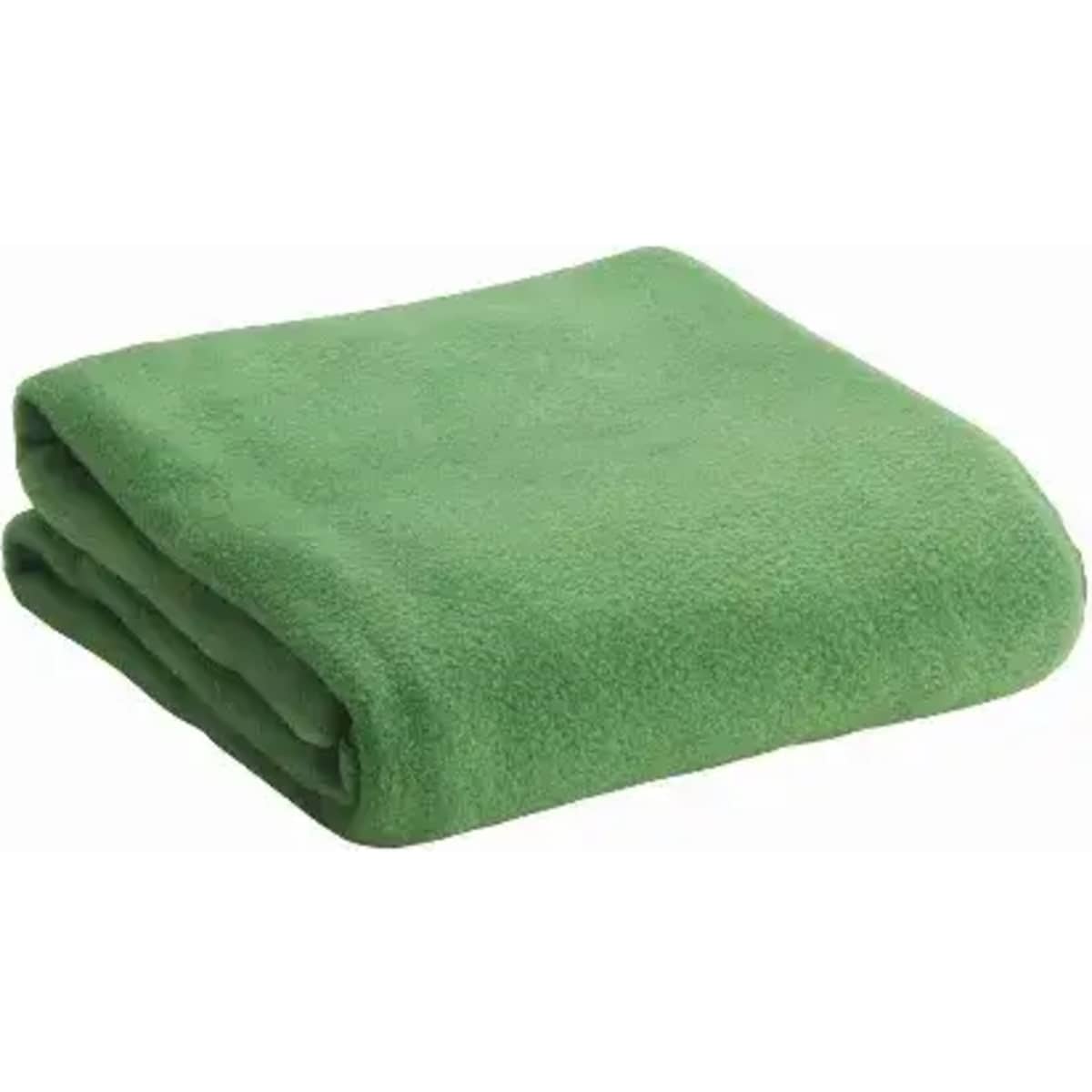 A folded green fleece blanket featuring a soft texture. The blanket has a neat, tidy appearance.