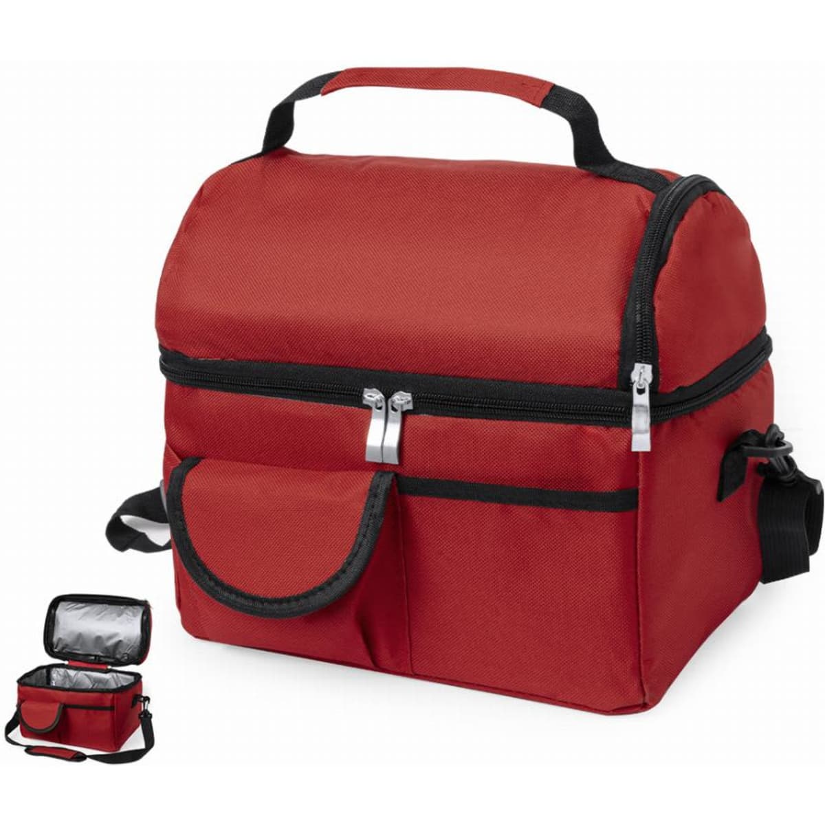 A red insulated cooler bag with a zippered main compartment, carrying handle, and an additional smaller cooler.