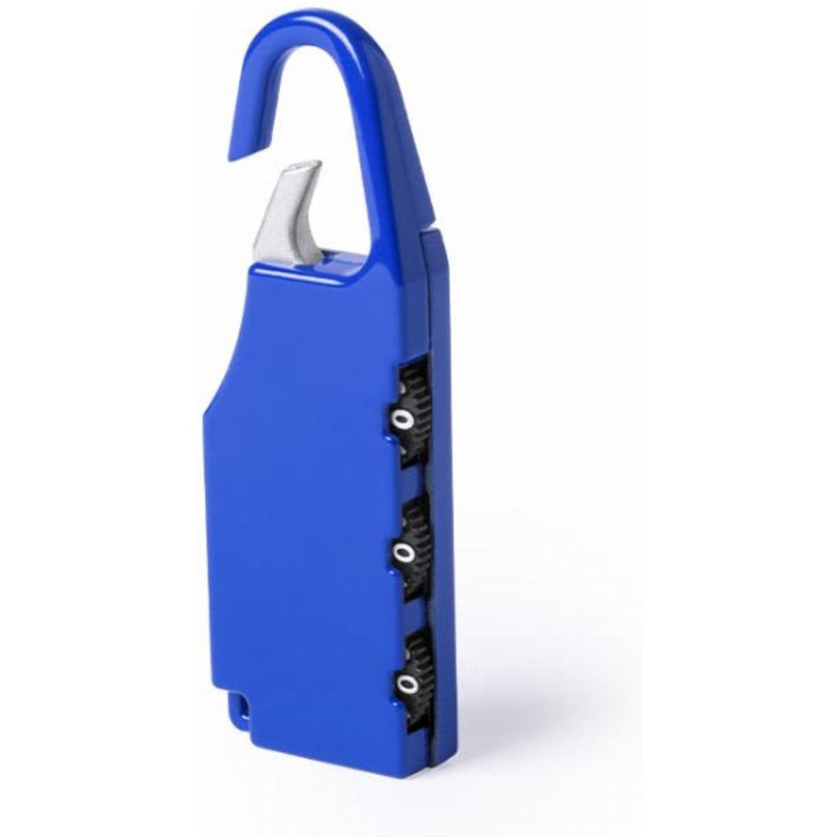 A blue multi-tool with a hook and three adjustable dials for various uses. It has a sleek design and a sturdy build.