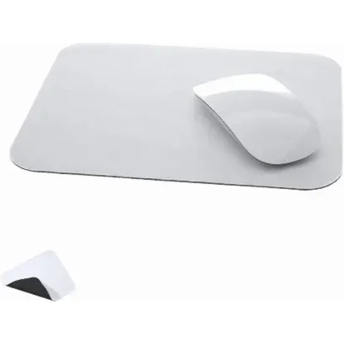 A mouse pad in grey with a sleek, white mouse resting on it. The design is minimalist and modern.