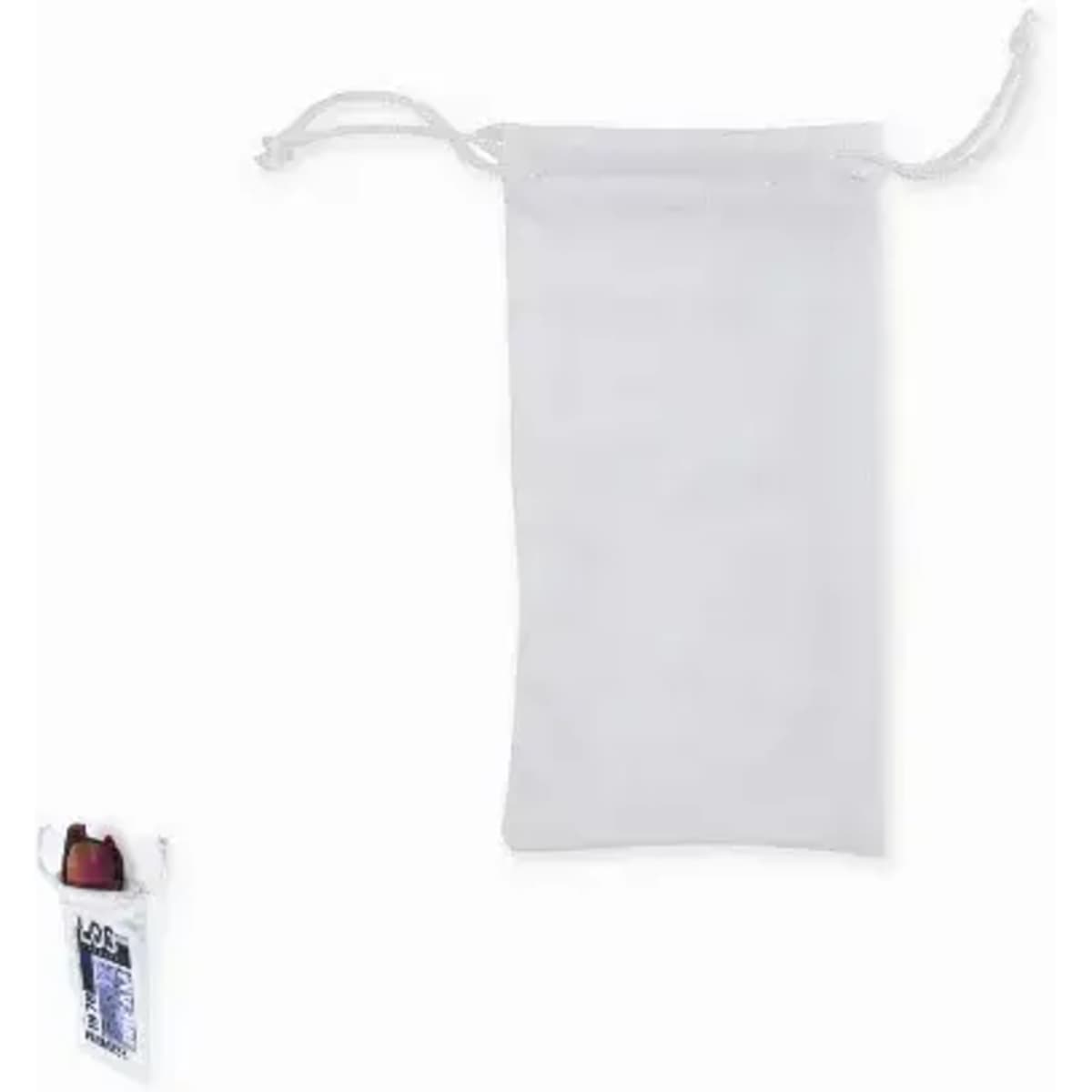 A drawstring bag in white, featuring a small coloured bottle with a logo.