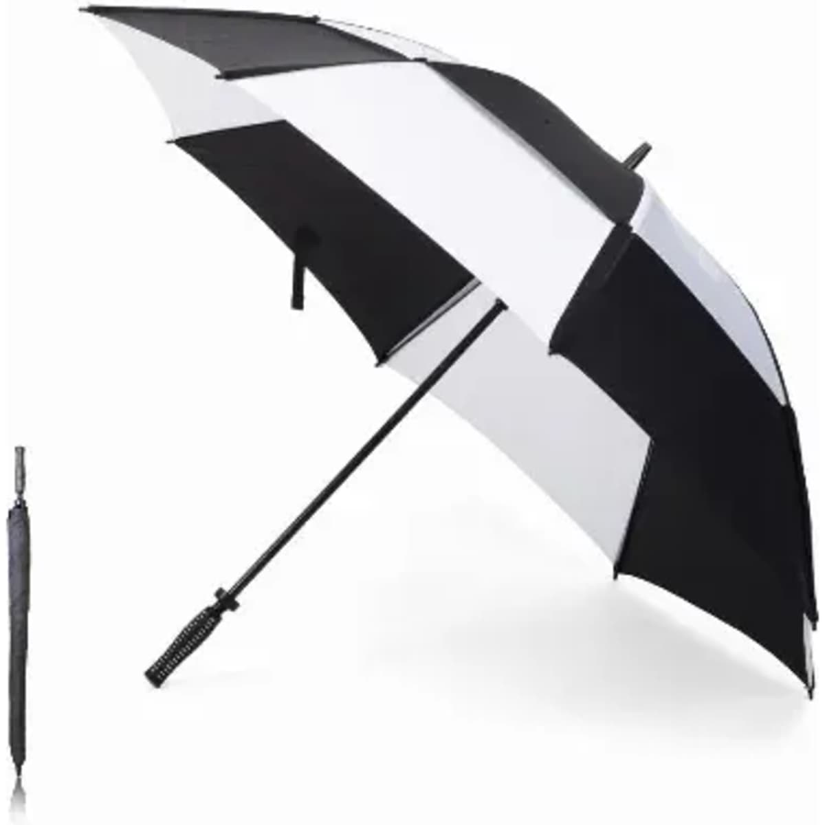 A black and white striped umbrella stands open, next to a closed black umbrella. Both have a sleek design.