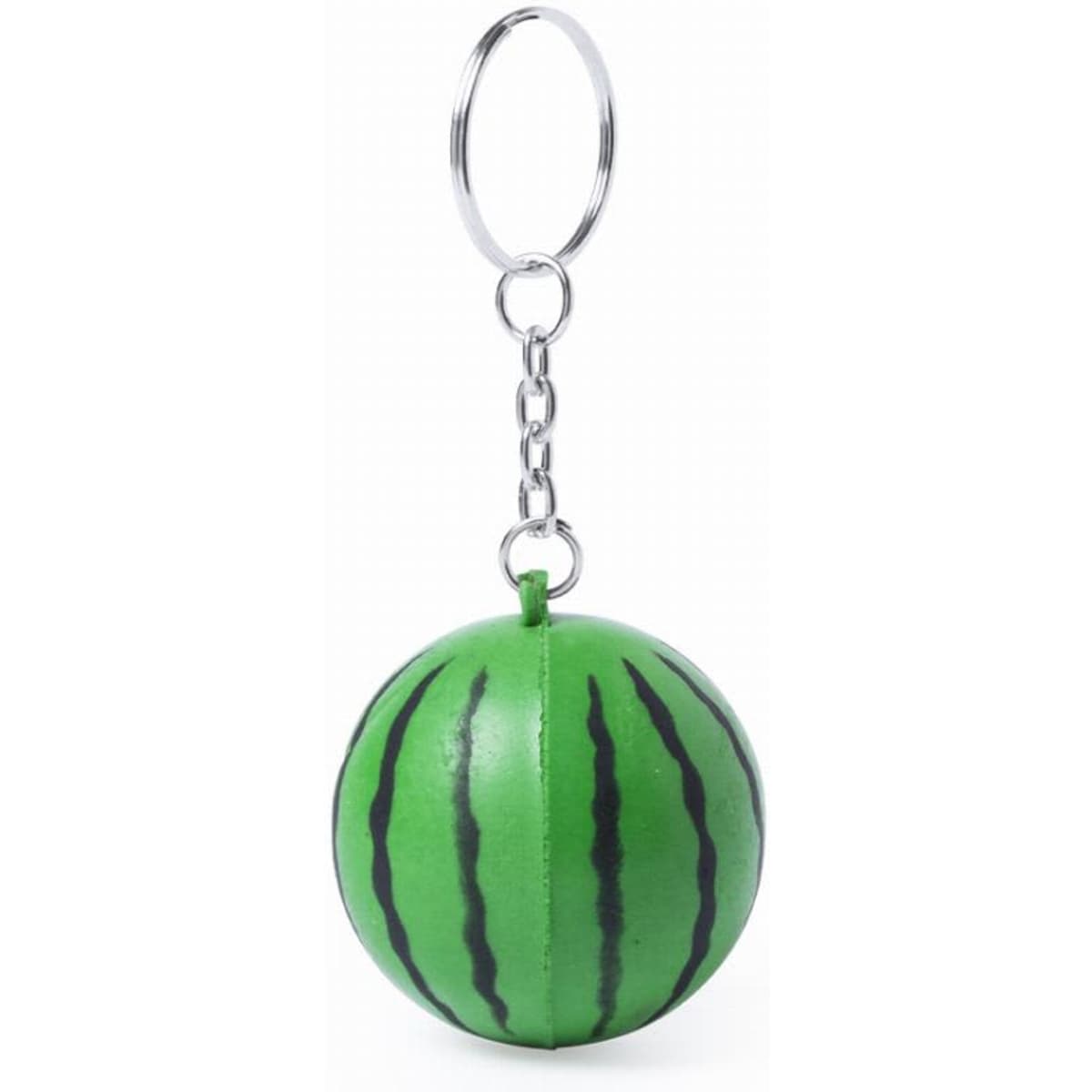 A keychain featuring a spherical, green watermelon design with black stripes.