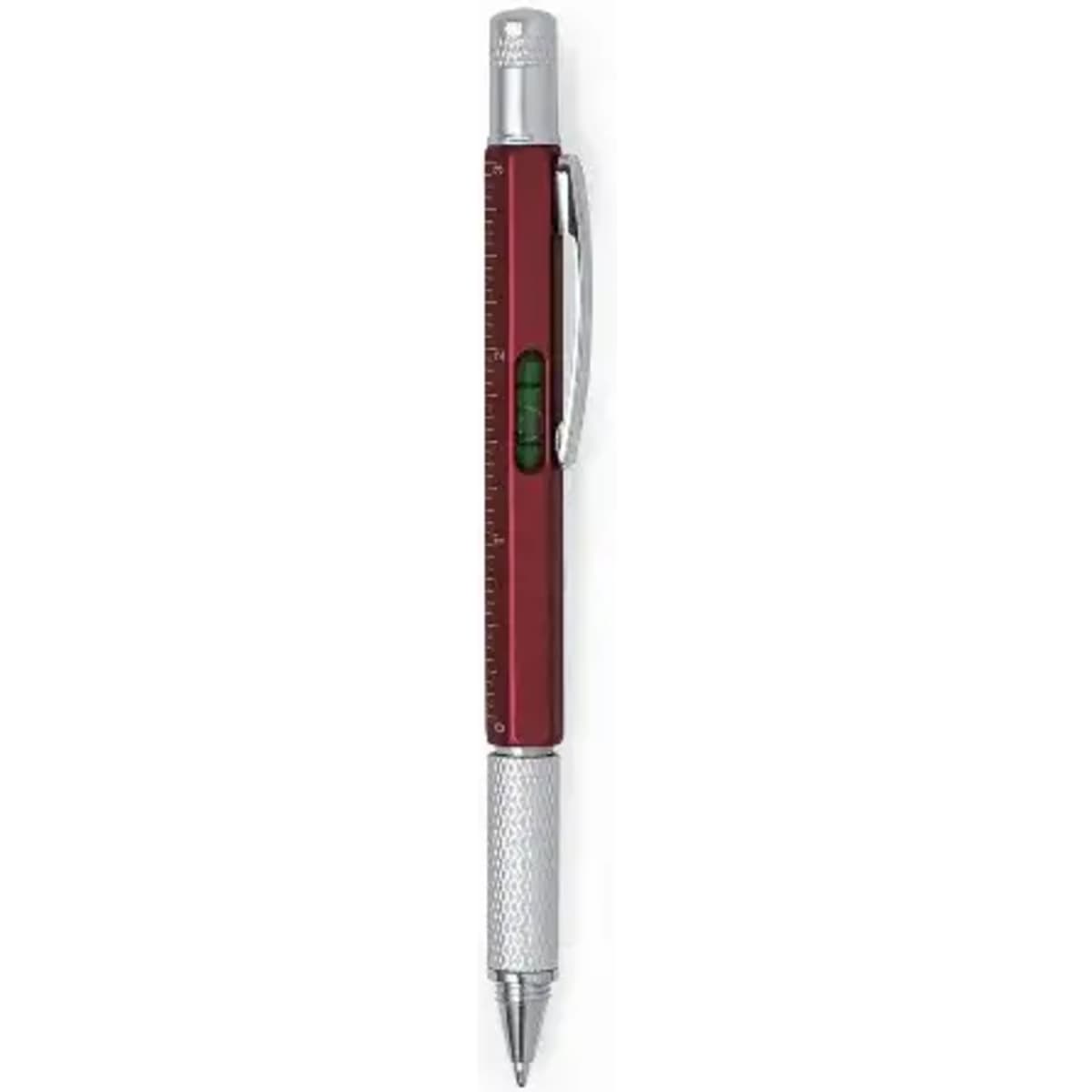 A mechanical pen in a deep red colour with silver accents and a built-in level. It features a ruler along the side.
