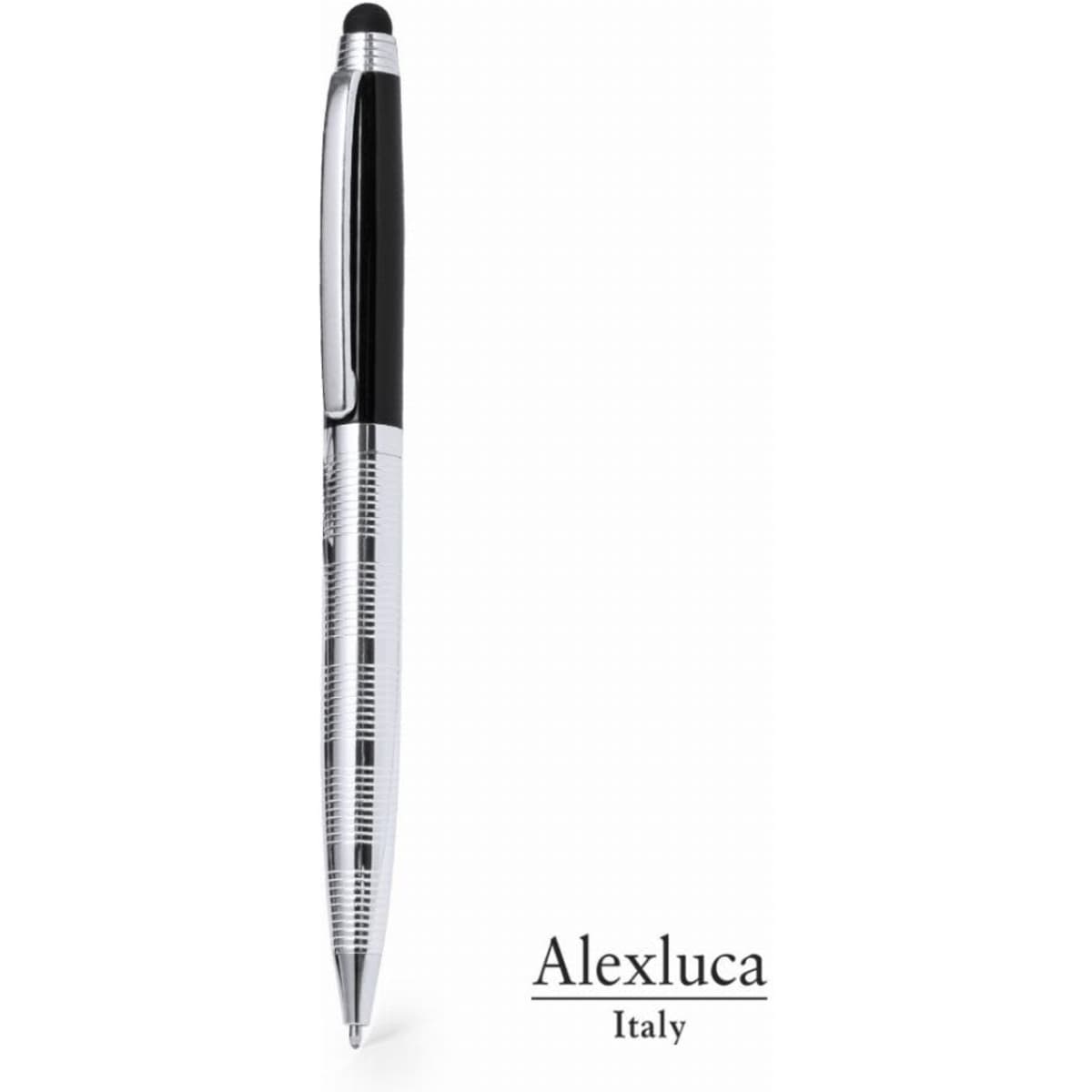 A pen with a sleek silver and black design, featuring a distinctive patterned grip and a branding logo.