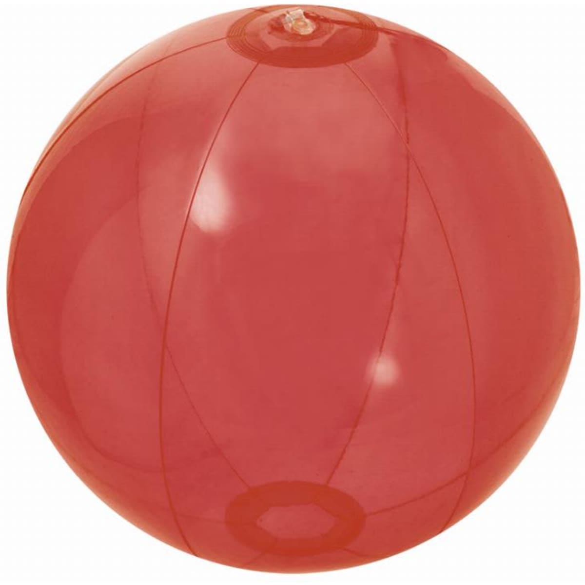 A red beach ball with a glossy surface and clear panels. It features a standard round shape.