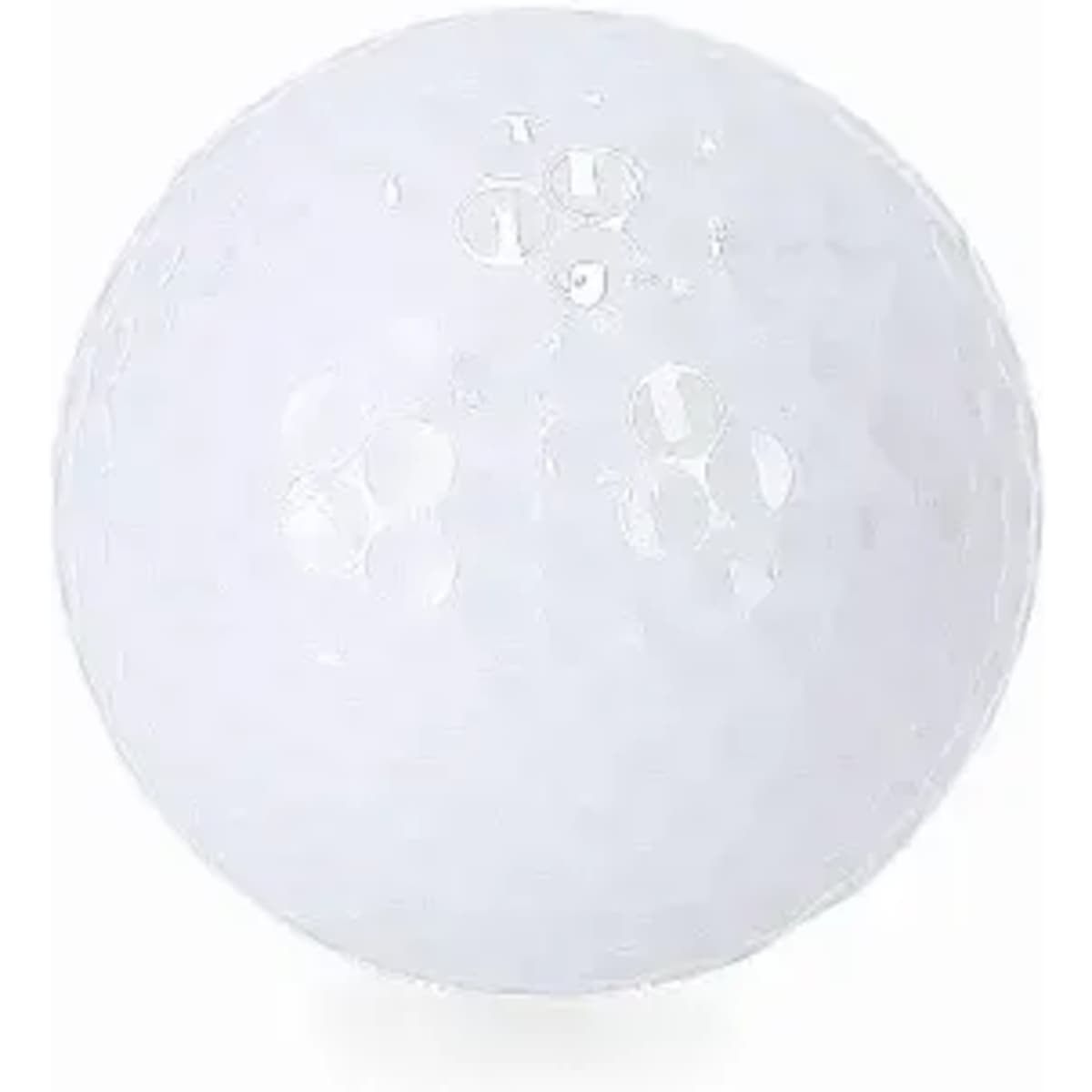 A white golf ball with a dimpled surface, showing slight reflections and light highlights.