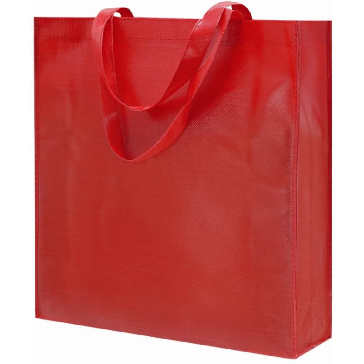 A red promotional tote bag with two handles, featuring a smooth surface and a simple, unembellished design.